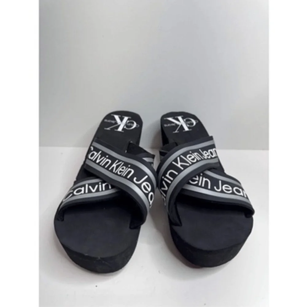 Calvin Klein Sandals Resort Black Logo Crisscross Platform Wedges Size 8.5